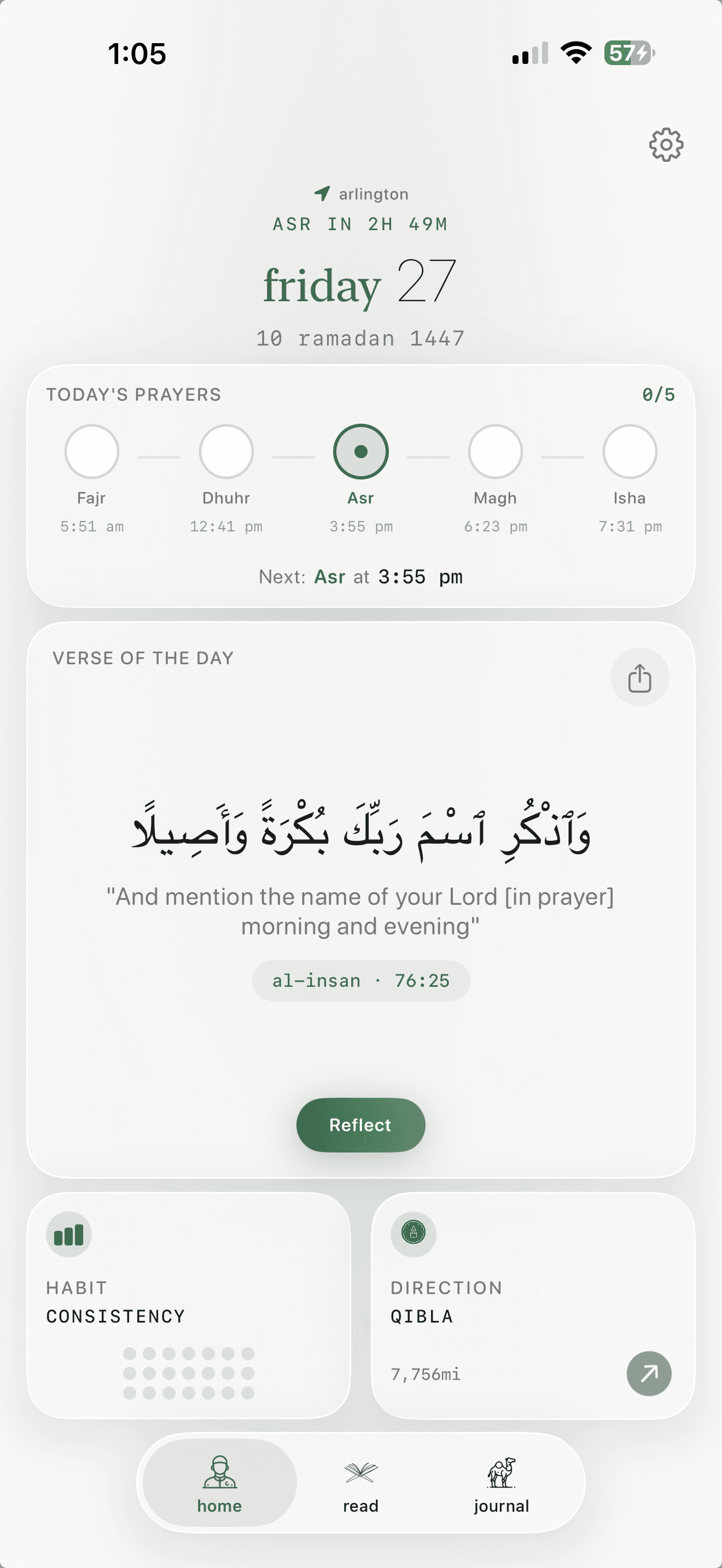 Nafs app home dashboard light mode showing prayer tracking, Quran verse, and daily overview
