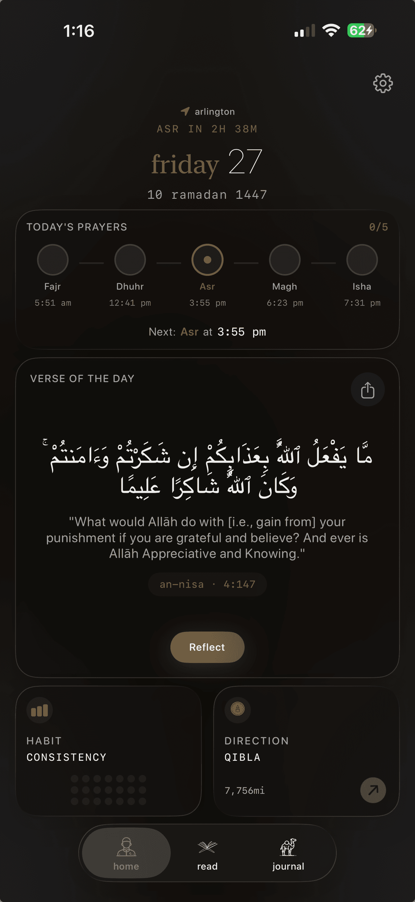 Nafs app home dashboard light mode showing prayer tracking, Quran verse, and daily overview
